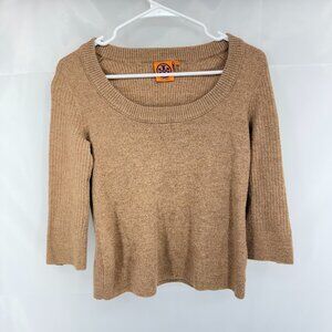 Tory Burch Women XS Merino Wool Sweater Cropped Tan Knit Round Neck Pullover